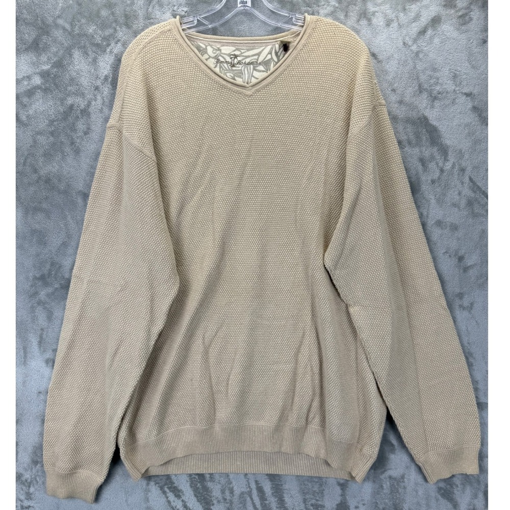 Tommy Bahama Mens XL Beige Textured Waffle Knit V-Neck Pullover Sweater Tan